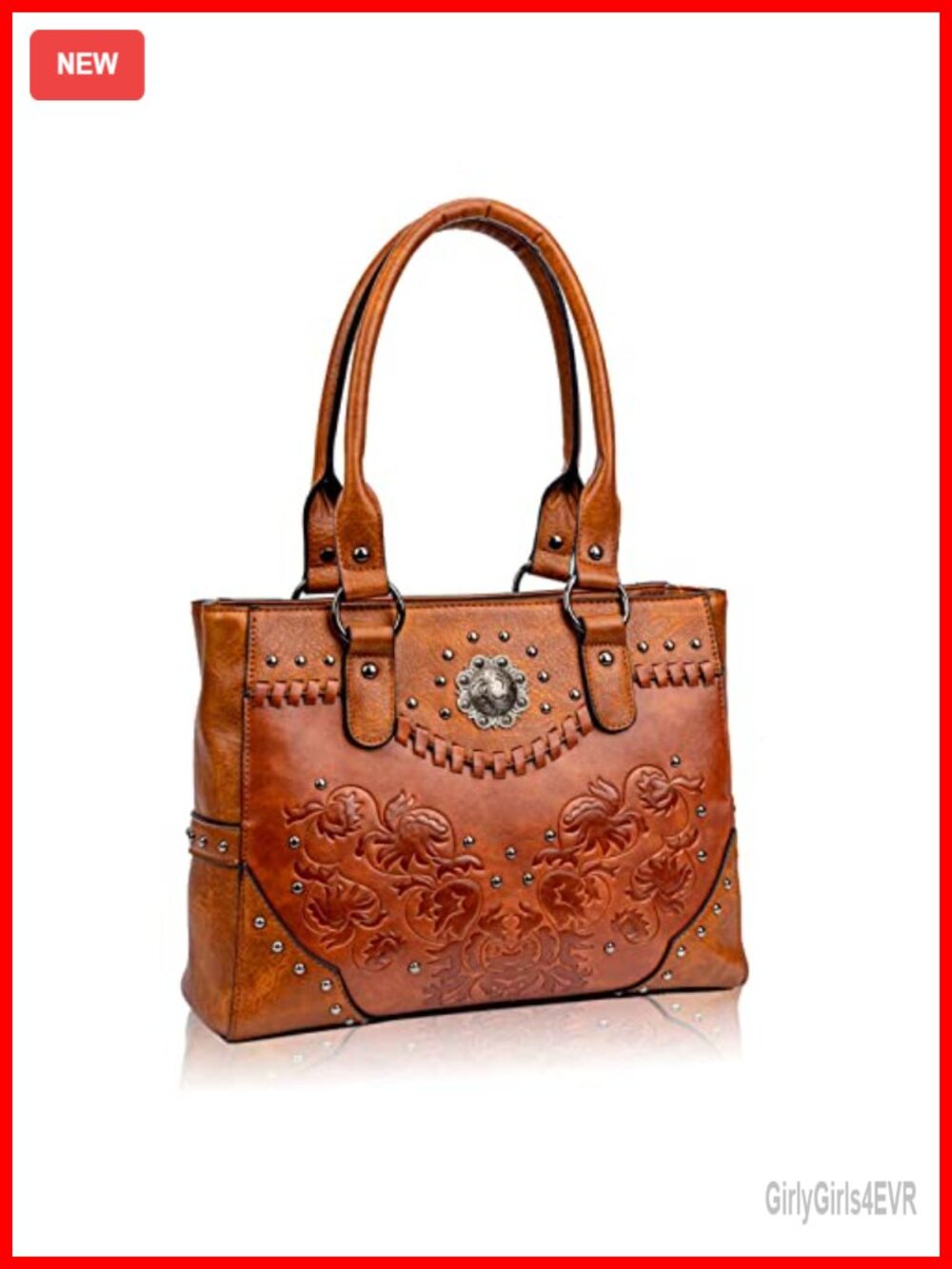 Large Vintage Embossed PU Leather Western Tote - Zipper Top, Stud Accents